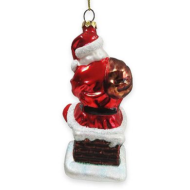 Santa Claus on Chimney Glass Christmas Ornament