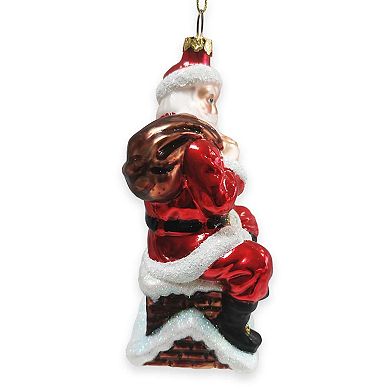Santa Claus on Chimney Glass Christmas Ornament