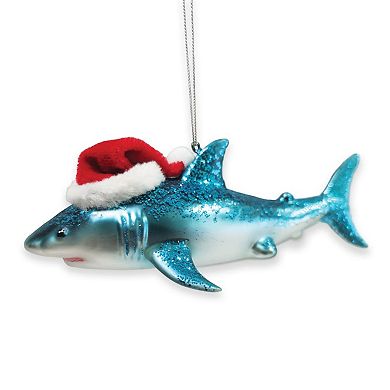 Shark with Santa Hat Glass Christmas Ornament