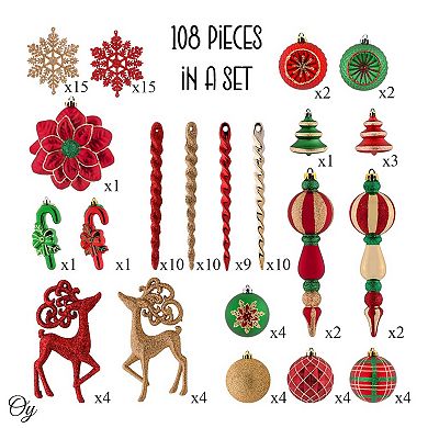 Christmas Sensation Mega Holiday Ornament Set, 108 Unique Baubles, Trees, Candycanes, and Snowflakes