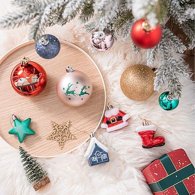 Premium Christmas Ornament Eclectic Bundle Set, 60 Glitter Filled Baubles, Homes, Star Charms