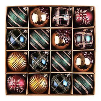 Touch of Gold Delightfully Glittered Ornament Bauble Set, Green, Blue, Bronze and Maroon 16 pc