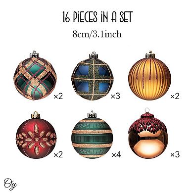 Touch of Gold Delightfully Glittered Ornament Bauble Set, Green, Blue, Bronze and Maroon 16 Pieces