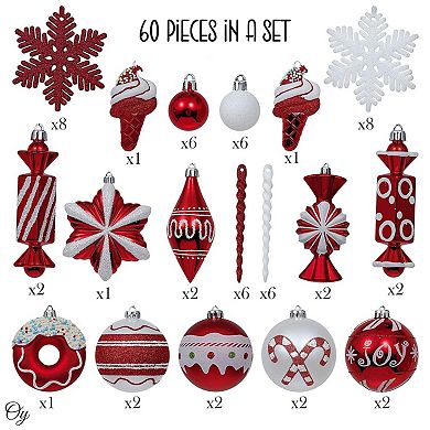 Sweets and Candy Theme Christmas Ornament Bundle, Assorted 60 Bauble Candies, Ice Cream, and Donut