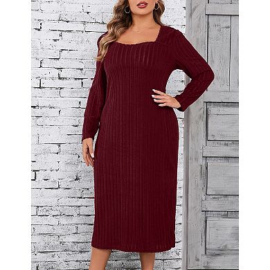 Women Plus Size Sweater Dress Sweetheart Collar Long Sleeve Casual Fall Winter Tunic Knit Dress