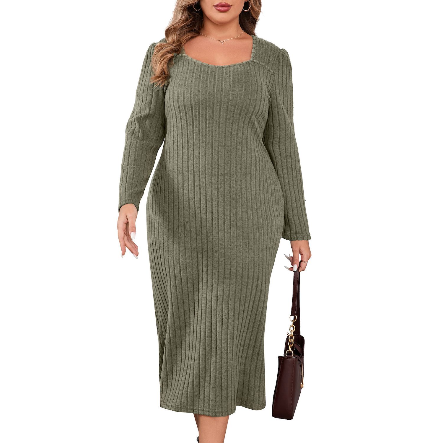 Womens Sweater Midi Dress Casual Square Neck Long Sleeve Fall Winter Tunic Knit Dress Army Green 4XL Women Plus Size Sweater Dress Sweetheart Collar Long Sleeve Casual Fall  Winter Tunic Knit Dress