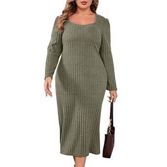 Women Plus Size Sweater Dress Sweetheart Collar Long Sleeve Casual Fall Winter Tunic Knit Dress
