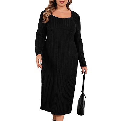 Women Plus Size Sweater Dress Sweetheart Collar Long Sleeve Casual Fall  Winter Tunic Knit Dress