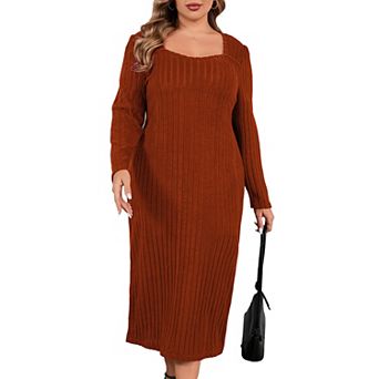 Women Plus Size Sweater Dress Sweetheart Collar Long Sleeve Casual Fall Winter Tunic Knit Dress
