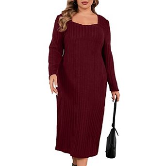 Women Plus Size Sweater Dress Sweetheart Collar Long Sleeve Casual Fall Winter Tunic Knit Dress
