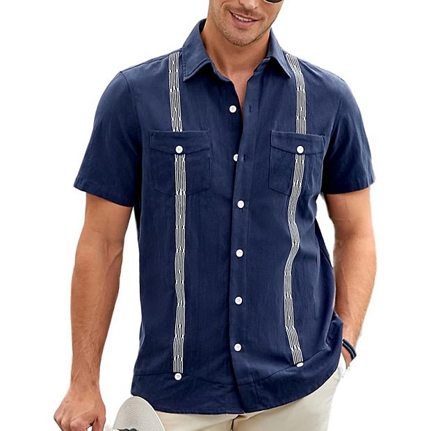 Mens Short Sleeve Cuban Guayabera Shirt Casual Summer Beach Button Down  Shirts Tops