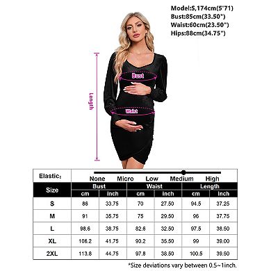 Women's Maternity Velvet Dress Bodycon Long Sleeve Sweetheart Ruched Wrap Split Cocktail Dress