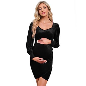 Women's Maternity Velvet Dress Bodycon Long Sleeve Sweetheart Ruched Wrap Split Cocktail Dress