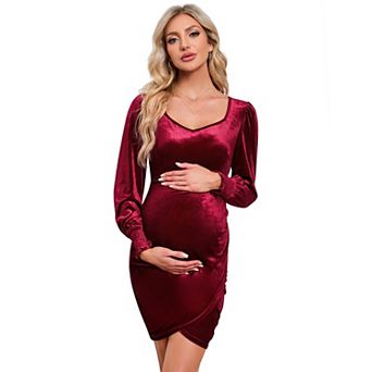 Women's Maternity Velvet Dress Bodycon Long Sleeve Sweetheart Ruched Wrap Split Cocktail Dress