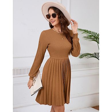 Womens Long Sleeve Mini Dress Fall Ribbed Knit Crew Neck Pleated Swing Casual Sweater Dresses