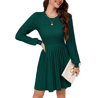 Womens Long Sleeve Mini Dress Fall Ribbed Knit Crew Neck Pleated Swing Casual Sweater Dresses