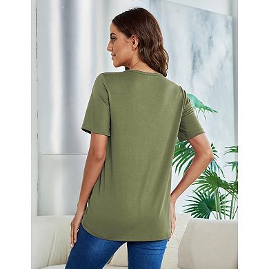 Women Maternity Tops Short Sleeve V Neck T Shirts Casual Button Nursing Tops Tie Knot Pregnancy
