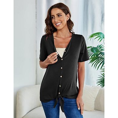 Women Maternity Tops Short Sleeve V Neck T Shirts Casual Button Nursing Tops Tie Knot Pregnancy