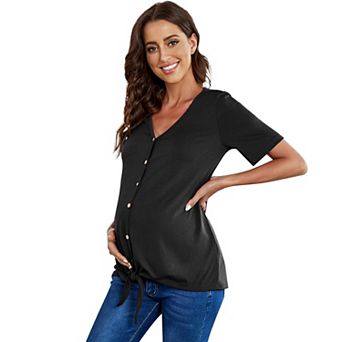 Women Maternity Tops Short Sleeve V Neck T Shirts Casual Button Nursing Tops Tie Knot Pregnancy