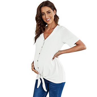 Women Maternity Tops Short Sleeve V Neck T Shirts Casual Button Nursing Tops Tie Knot Pregnancy