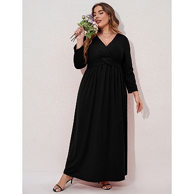 Women's Plus Size Long Dress Short Sleeve V Neck Empire Waist Beach Party Dresses
