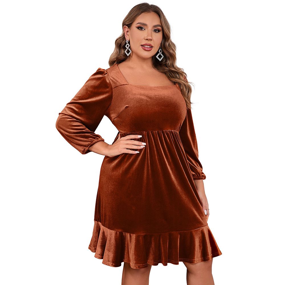 Women's Plus Size velvet Long Sleeve Square Collar Midi Party Dress