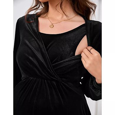 Marternity Velvet Dress Wrap V Neck Long Sleeve A Line Midi Dress Midi Dress With Pockets