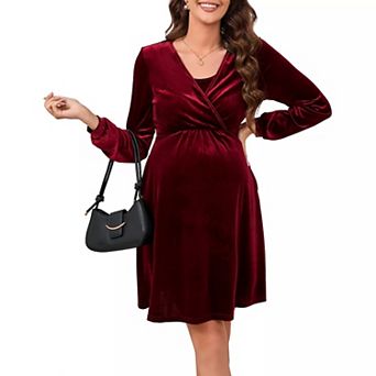 Marternity Velvet Dress Wrap V Neck Long Sleeve A Line Midi Dress Midi Dress With Pockets