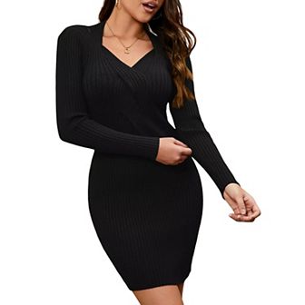 Women's Long Sleeve Sweater cold shoulder V Neck Cross chest design pullover Sweater Mini Dress