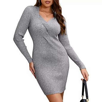 Women's Long Sleeve Sweater cold shoulder V Neck Cross chest design pullover Sweater Mini Dress