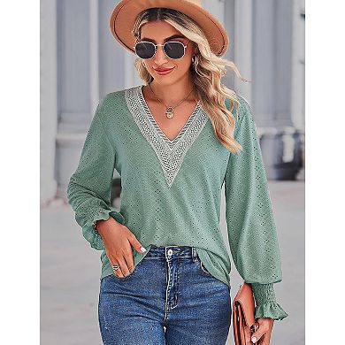 Women's Lace V Neck Blouse Shirts Long Sleeve Casual Loose Tops