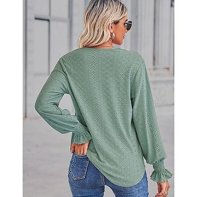 Women's Lace V Neck Blouse Shirts Long Sleeve Casual Loose Tops