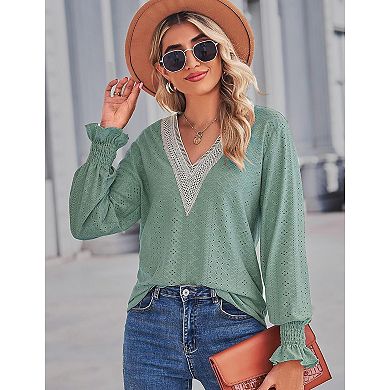 Women's Lace V Neck Blouse Shirts Long Sleeve Casual Loose Tops