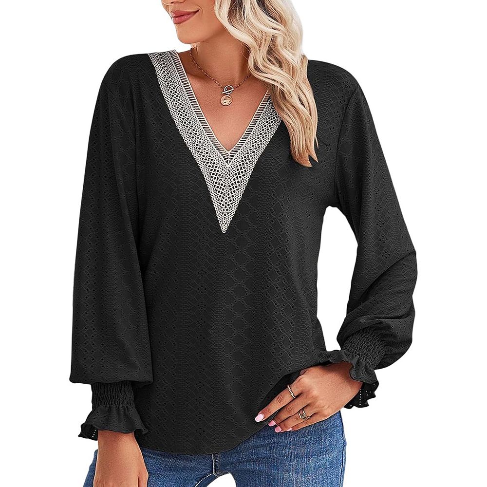 Women's Lace V Neck Blouse Shirts Long Sleeve Casual Loose Tops