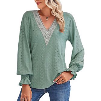 Women's Lace V Neck Blouse Shirts Long Sleeve Casual Loose Tops