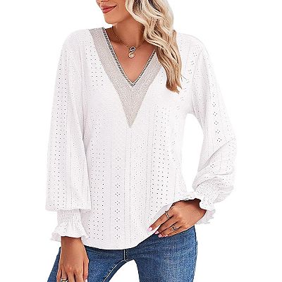 Women's Bell Sleeve V-Neck Top – Lace Patchwork Detail, Loose Fit Casual Shirt For Spring & Summer