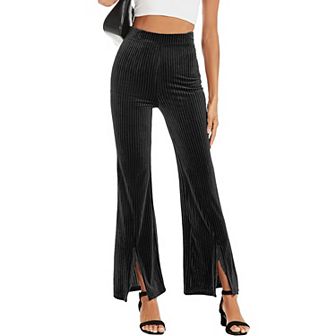 Women's Flare Velvet Corduroy Leggings Elastic High Waist Bootcut Front Split Ribbed Yoga Pants