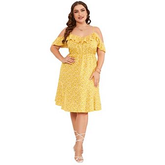 Women's Plus Size Ruffle Sleeves Off Shoulder A Line Chiffon Wedding Guest Strap Dress