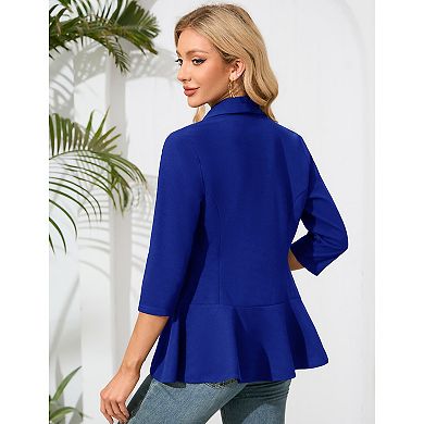 Women's Blazer Suit Open Front Cardigan 3/4 Sleeve Fitted Ruffle Hem Jacket Casual Office Blazer