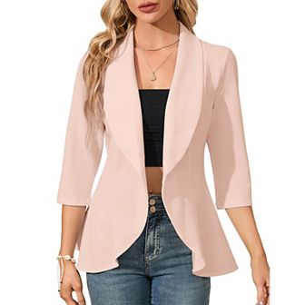 Women's Blazer Suit Open Front Cardigan 3/4 Sleeve Fitted Ruffle Hem Jacket Casual Office Blazer
