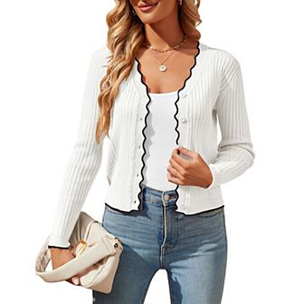 Womens Cropped Cardigan Knit Shrugs Tops V Neck Button Down Cardigans Sweaters