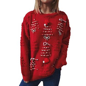 Womens Christmas Pullover Sweater Christmas Tree Flocked Pattern Crew Neck Fuzzy Crew Neck Sweater