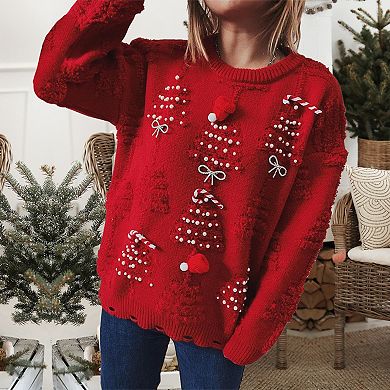 Womens Christmas Pullover Sweater Christmas Tree Flocked Pattern Crew Neck Fuzzy Crew Neck Sweater