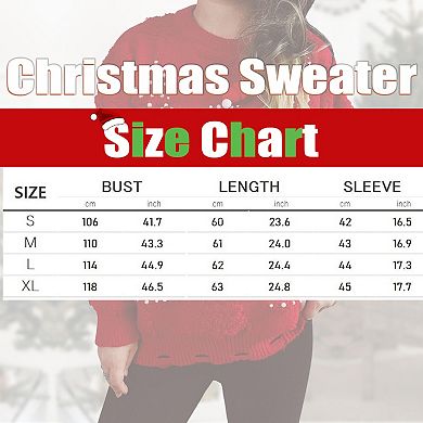 Womens Christmas Pullover Sweater Christmas Tree Flocked Pattern Crew Neck Fuzzy Crew Neck Sweater