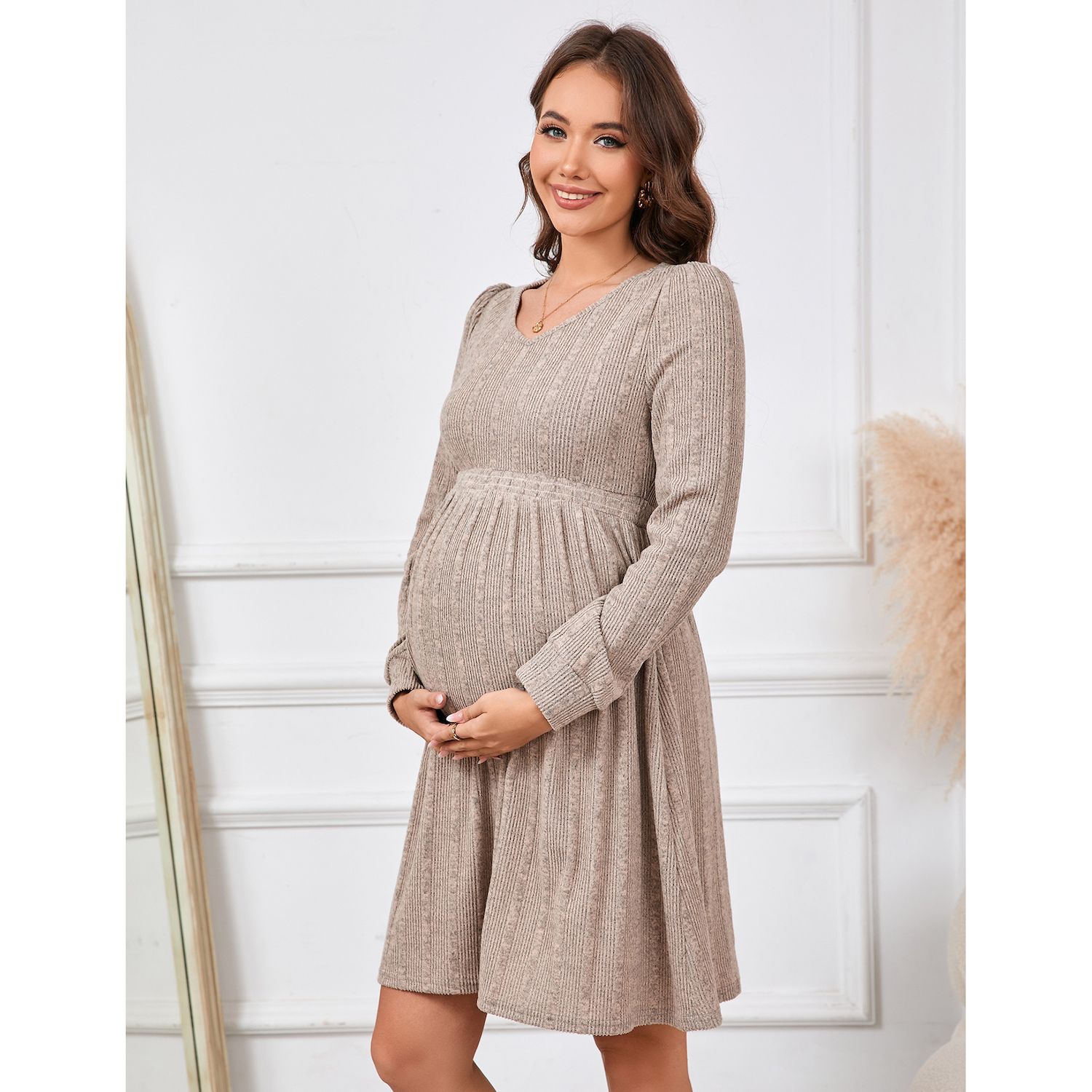 Maternity V Neck Dress Women's Rib Knit Long Sleeve Midi Dress Baby Shower  Sweater Fall Dresses