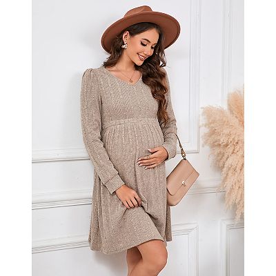 Maternity V Neck Dress Women's Rib Knit Long Sleeve Midi Dress Baby Shower  Sweater Fall Dresses