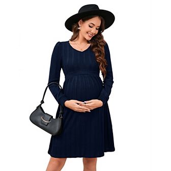 Maternity V Neck Dress Women's Rib Knit Long Sleeve Midi Dress Baby Shower Sweater Fall Dresses