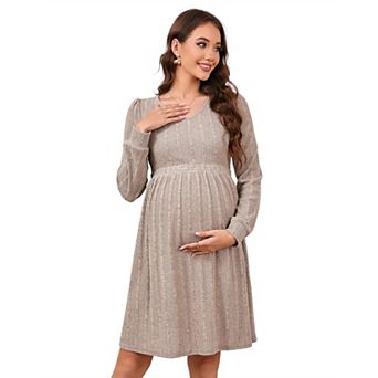 Maternity V Neck Dress Women's Rib Knit Long Sleeve Midi Dress Baby Shower Sweater Fall Dresses