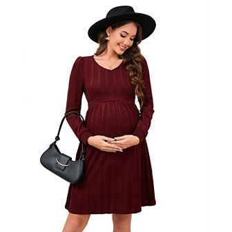 Maternity V Neck Dress Women's Rib Knit Long Sleeve Midi Dress Baby Shower Sweater Fall Dresses