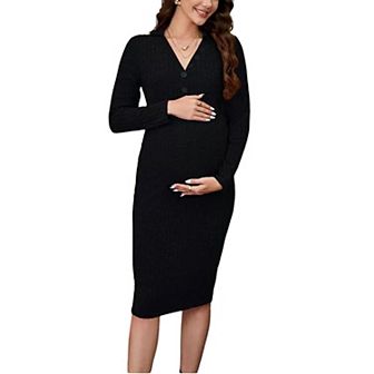 Women's Maternity Dress Long Sleeve Sweater Dress Button Ribbed Knit Slim Fit Elegant Midi Dresses
